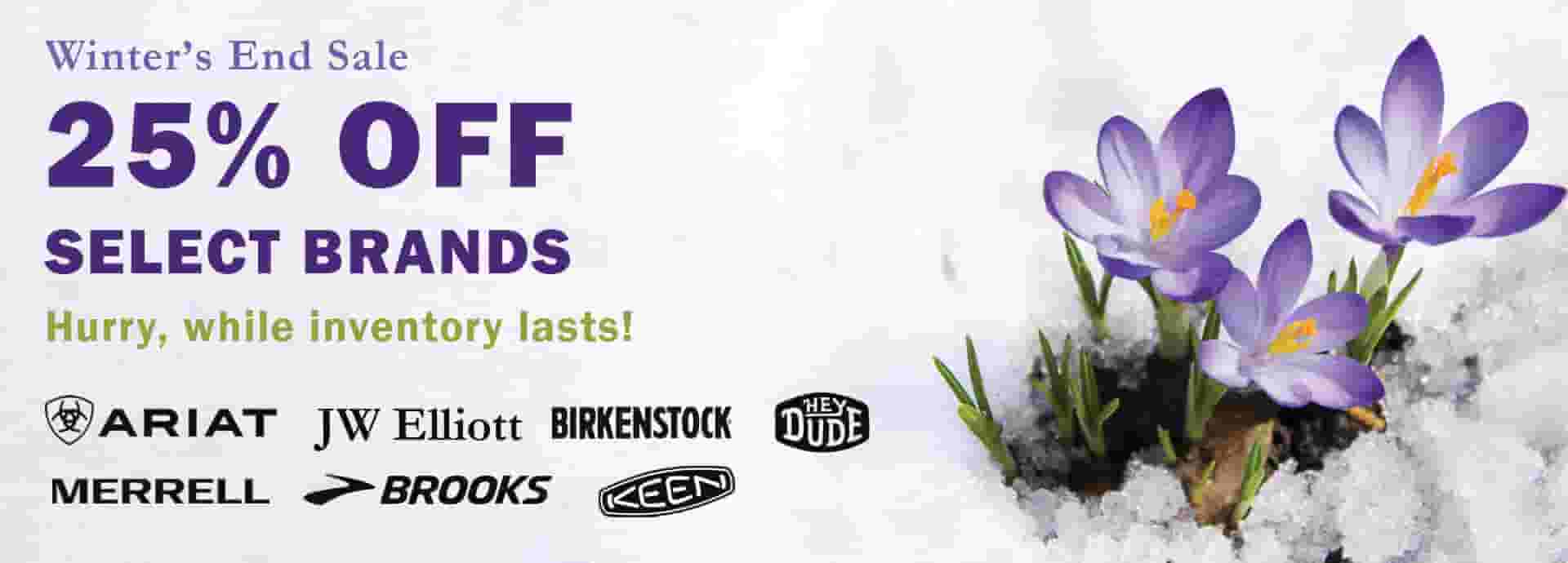Winter's End Sale! Enjoy 25% off select brands at Elliotsboots.com!