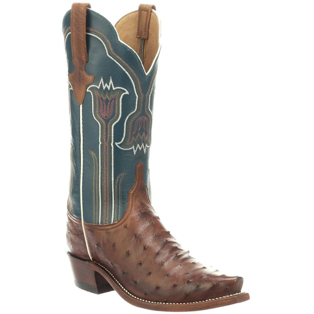 Image for Lucchese Women's Maeve Ostrich Western Boots - Brown/Garganey Blue from elliottsboots