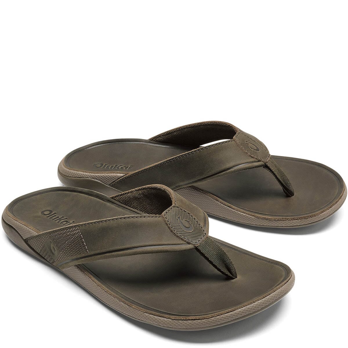OluKai Men's Tuahine WP Leather Flip Flops - Canteen | elliottsboots